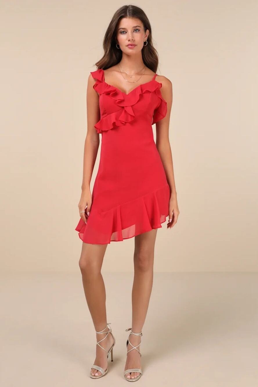 Lulus Captivating Always Red Ruffled Asymmetrical Mini Dress Size Large NWT